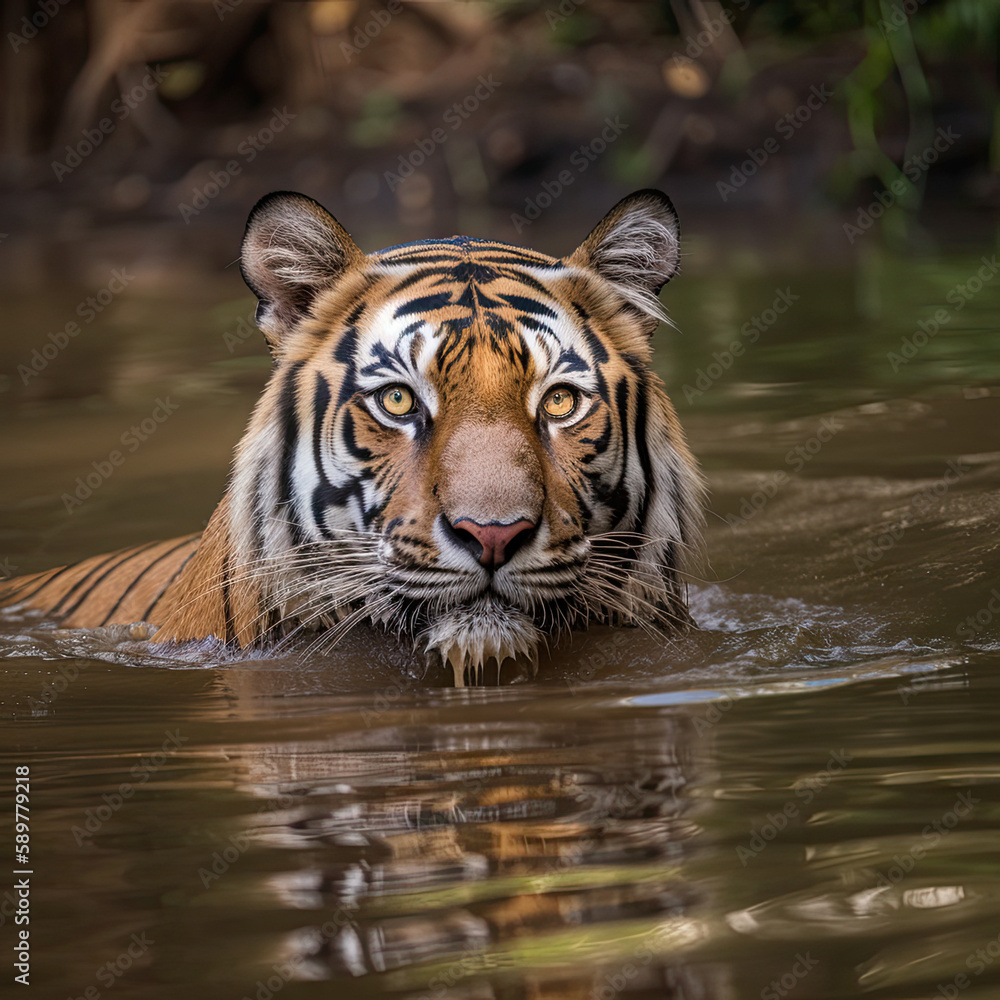 Bengal Tiger Swimming in a Water Source. Crafted with Generative AI