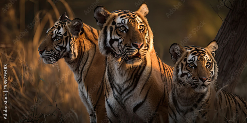 Obraz premium Three Tigers Together at Sunset, Crafted with AI
