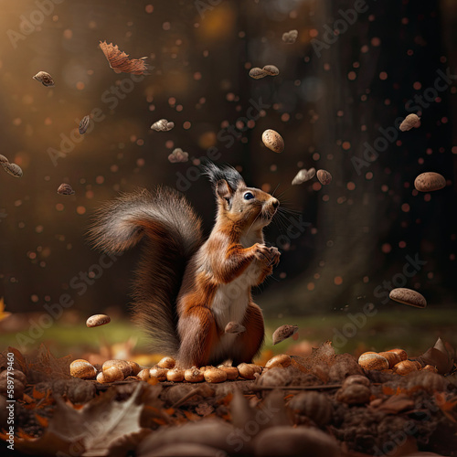 Squirrel Surrounded by Falling Nuts, Crafted with AI