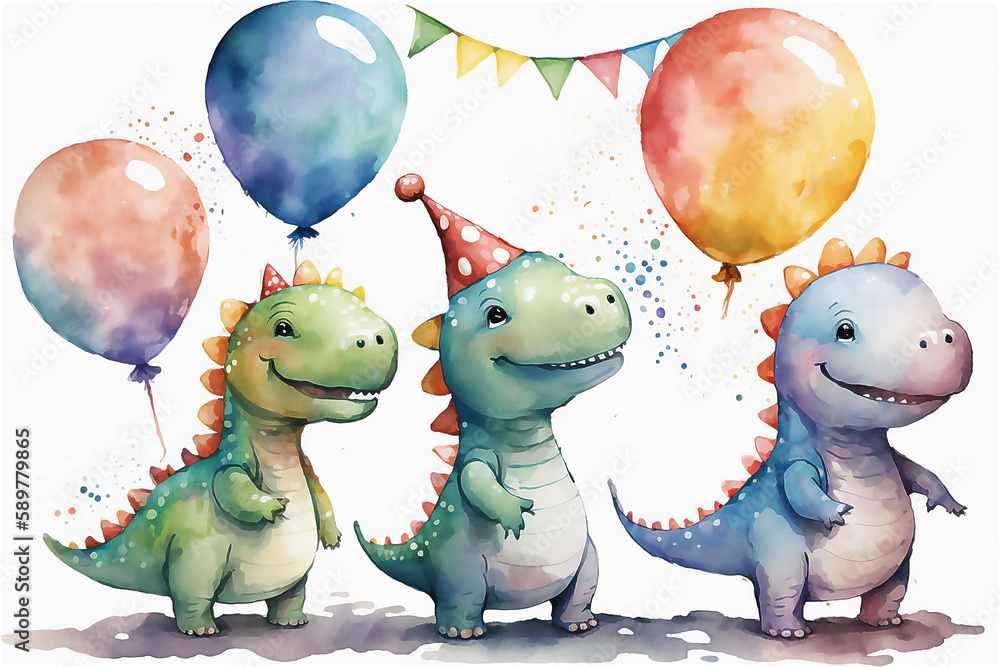 Watercolor illustration of cute dinosaur with colorful balloons ...