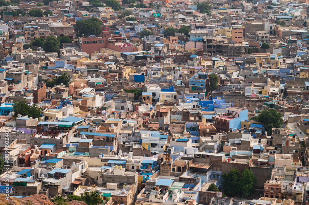 Aerial view of blue city,Jodhpur,Rajasthan,India. Resident Brahmins worship Lord Shiva and painted their houses in blue as blue is his favourite colour. Hence the city is named blue city.Tourist spot.
