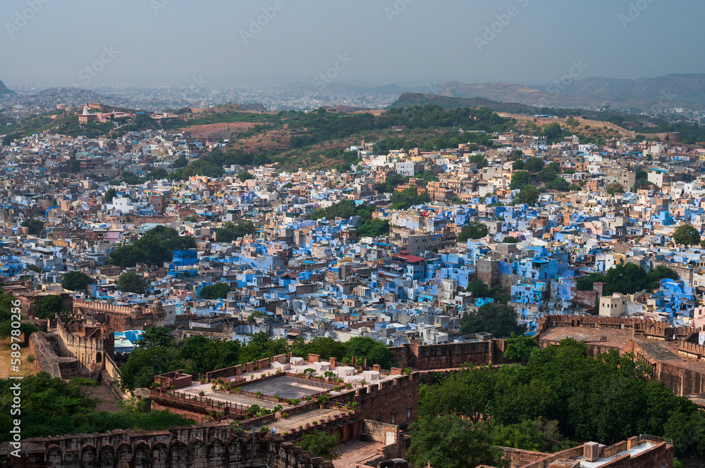 Aerial view of blue city, Jodhpur, Rajasthan,India. Resident Brahmins worship Lord Shiva and painted their houses in blue as blue is his favourite colour. Hence the city is named blue city.