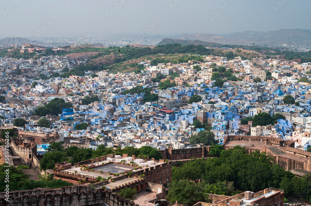 Top view of famous Mehrangarh fort, Jodhpur city in the background, as seen from top of the fort, Jodhpur, Rajasthan, India. Mehrangarh Fort is UNESCO world heritage site popular worldwide.