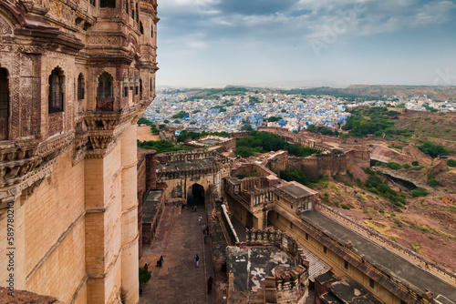 Top view of famous Mehrangarh fort, Jodhpur city in the background, as seen from top of the fort, Jodhpur, Rajasthan, India. Mehrangarh Fort is UNESCO world heritage site popular worldwide.