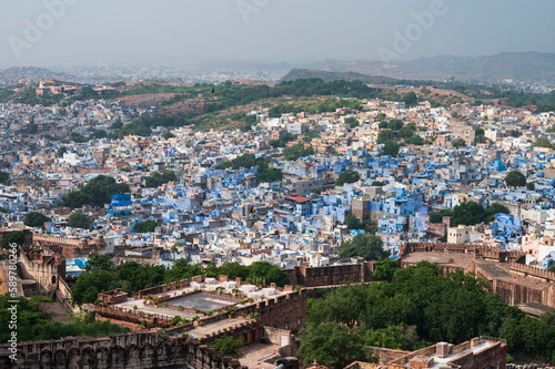 Top view of famous Mehrangarh fort, Jodhpur city in the background, as seen from top of the fort, Jodhpur, Rajasthan, India. Mehrangarh Fort is UNESCO world heritage site popular worldwide.