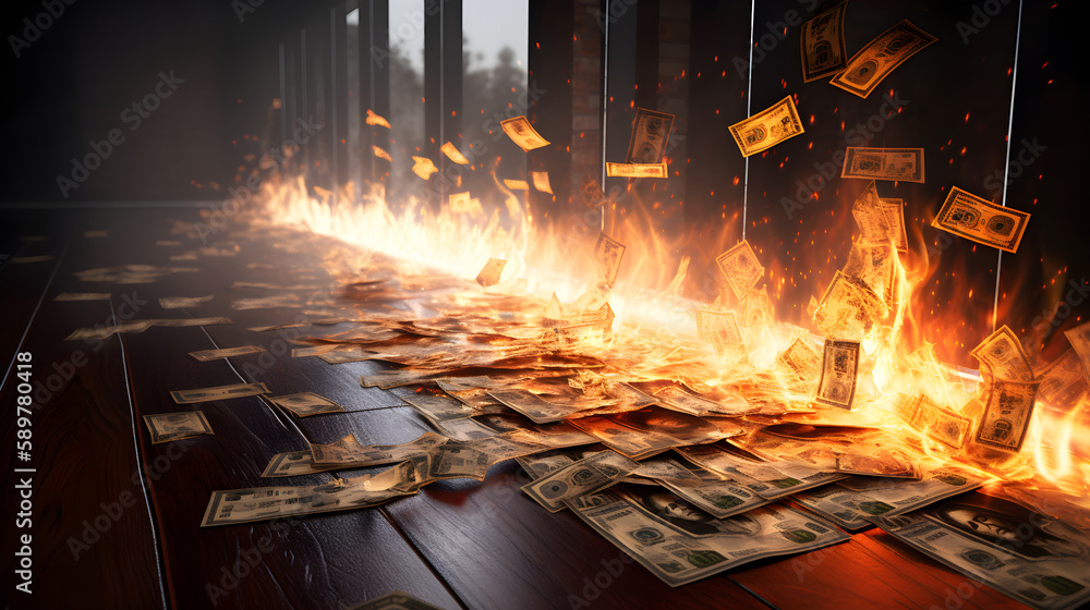 burning, money, fire, wealth, destruction, waste, financial crisis, inflation, currency, greed