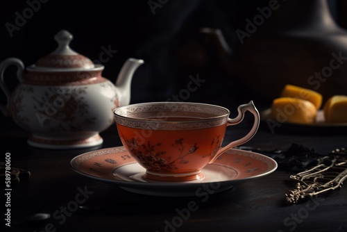 cup of tea with teapot on plate