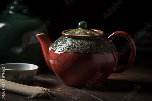 ceramic teapot and cups on wooden table