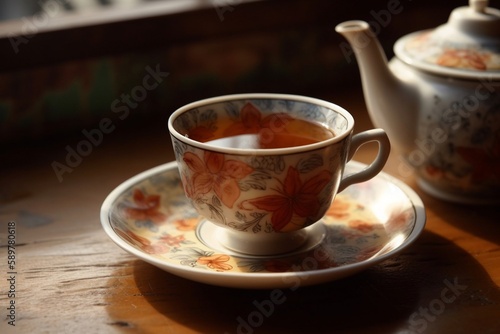 cup of tea and teapot on wooden table