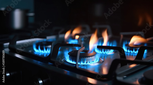 Blue flames on a gas oven in the kitchen. Generative AI.