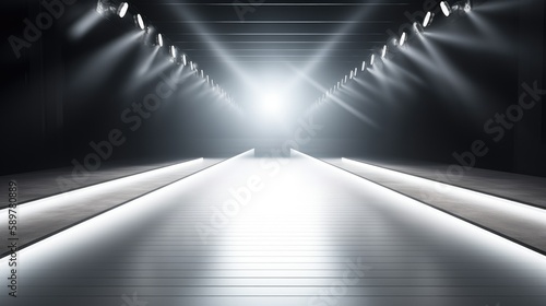 An empty fashion runway with spotlights shining down on the center of the catwalk. Generative AI