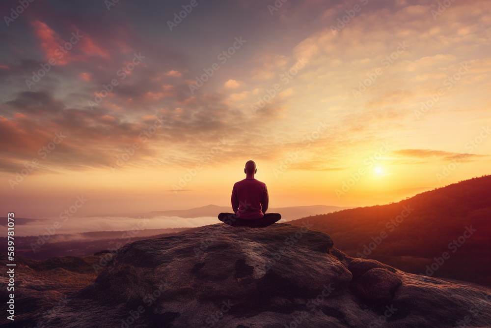 Man in yoga pose meditation at sunset. Created with Generative AI technology