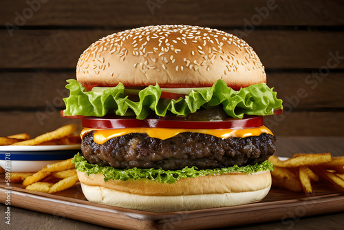 A hamburger with french fries in the background, Generative AI