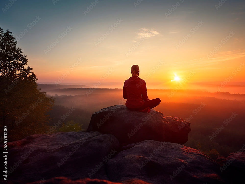 Yoga Meditation at Sunset on the Mountain