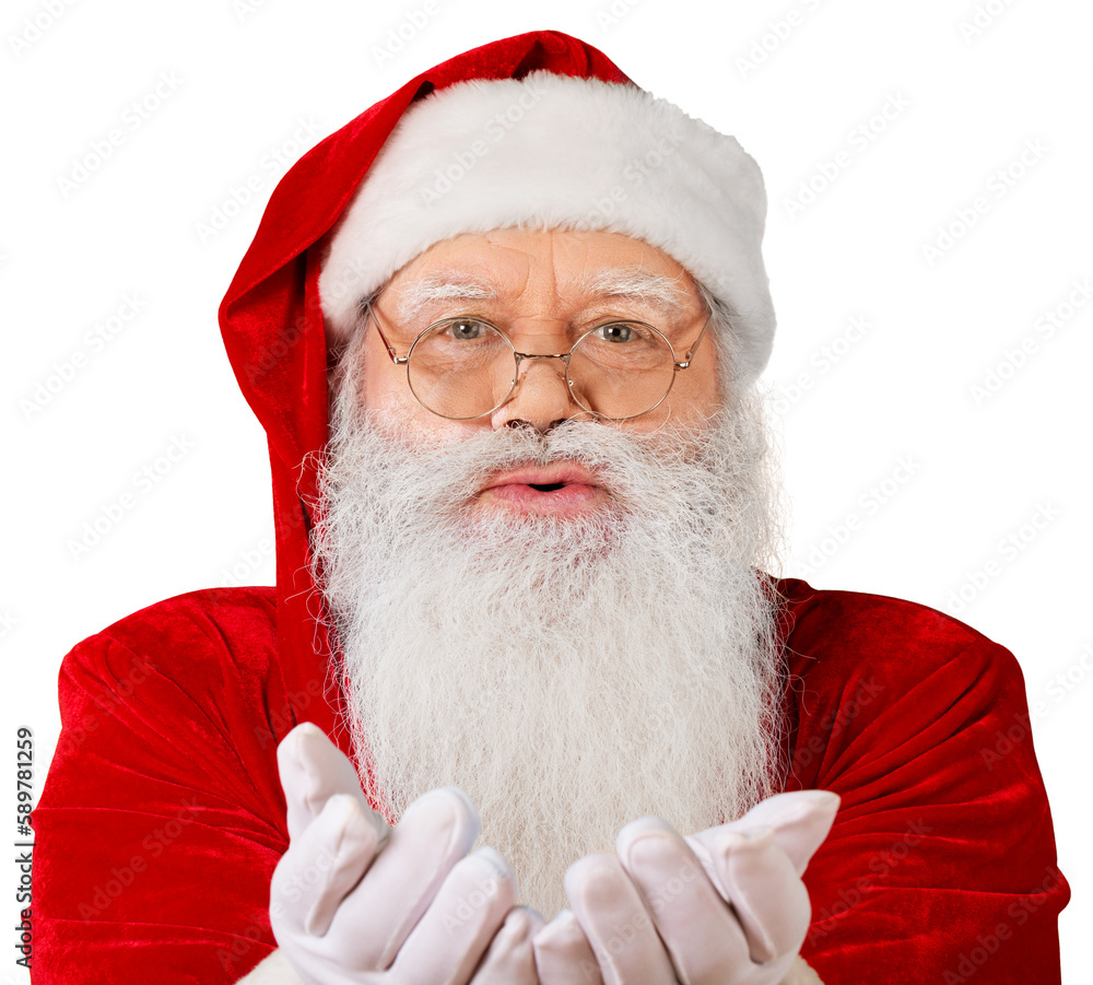 Naklejka premium Portrait of smiling santa claus sends an air kiss on background