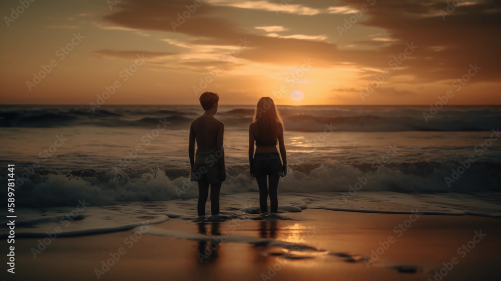 Couples strolling along the coast in the sunset: the afterglow of the setting sun shines on the beach, and a young couple strolls along the coastline, enjoying a wonderful time.