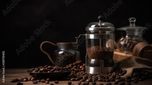 French press and roasted coffee beans. Generative AI