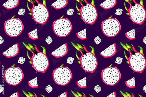 Fresh pitaya slice. Sweet beautiful dragon fruit pattern. Colorful tropical seamless fabric design. Organic pitahaya ingridient