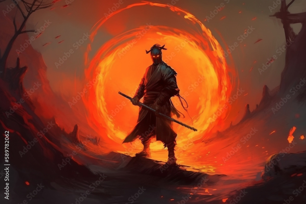 red  samurai mask on the battlefield makes a swing with a katana creating a sizzling fire ring around, Generative AI