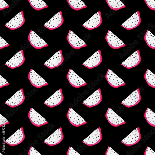 Sweet fresh slice of dragon fruit. Colorful fresh pitaya. Exotic pitahaya seamless pattern. Vegetarian organic dessert