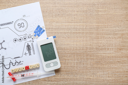 Word DIABETES with medical supplies on wooden background