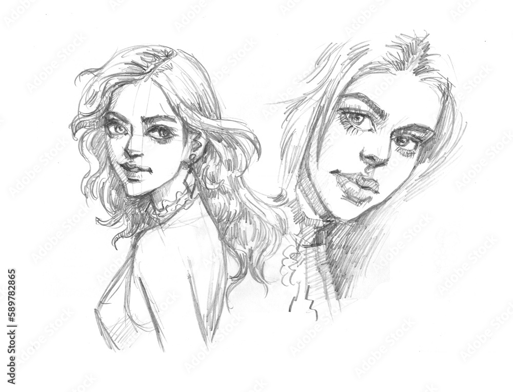 two girls pencil drawing for card illustration decoration two girls pencil drawing for card illustration decoration