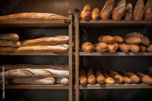 Freshly baked french baguettes in a bakery created using generative AI tools.