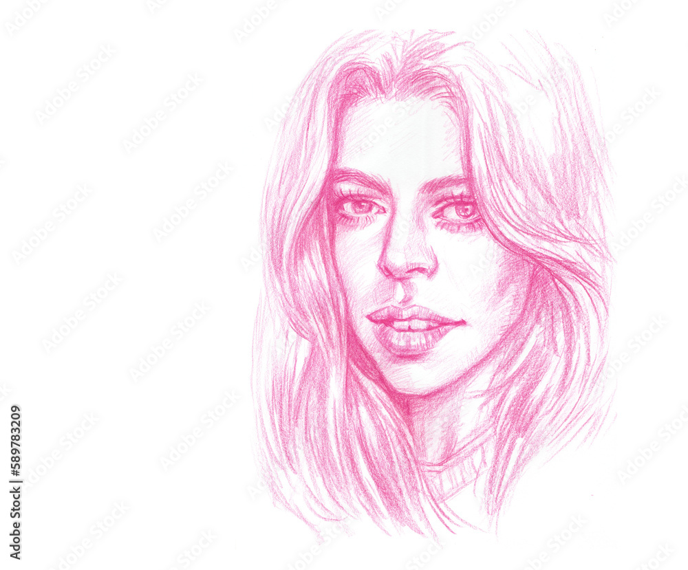 Fototapeta premium portrait of a pink girl pencil color drawing for card illustration background