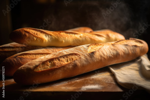 Freshly baked french baguettes in a bakery created using generative AI tools.