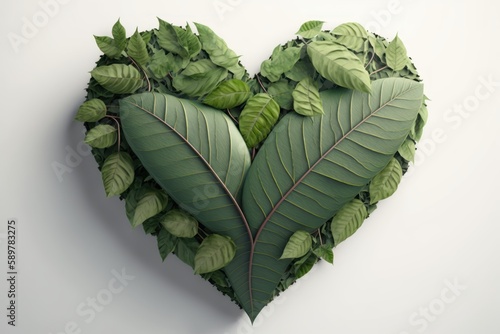 Leaves in forming a heart shape  World environment day and Earth day background. Generative AI