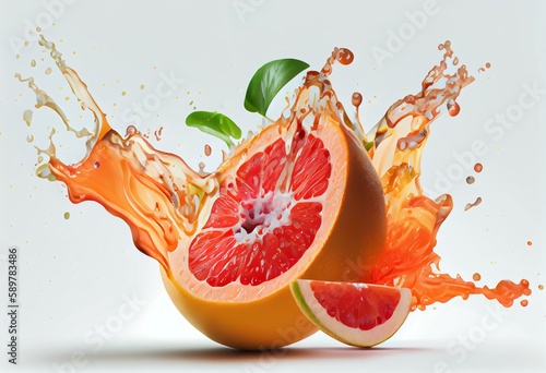 Fresh ripe grapefruit, grapefruit cut, juice, smoothie 3D splash wave isolated on white. Tasty detox diet juice splashing, grapefruit juice isolated. Healthy citrus drink tropical. Generative AI