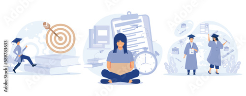 Getting an academic degree concept, Educational trajectory, exams and tests, graduation day, school classroom, exam timetable, test results, set flat vector modern illustration