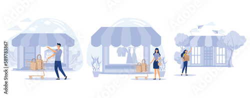 Retail shop concept,  Big box discounter, anchor and isolated store, shopping center, attract customers, outlet mall, supermarket merchandising. set flat vector modern illustration  