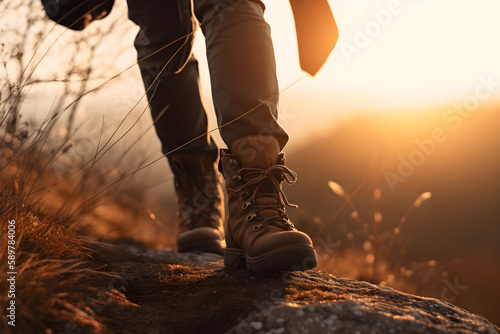 Man hiking up mountain trail during sunset. Unique generative illustration with a breathtaking view
