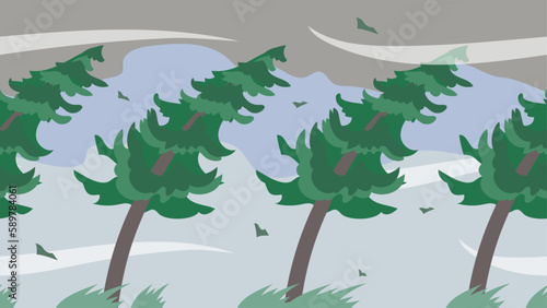強風に吹かれる木々の背景イラスト。シームレスなベクターイラスト。Background illustration of trees blowing in strong winds. Seamless vector illustration.
