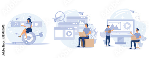 Professional SEO services concept. Keyword research, copy optimization, content plan, web campaign, search engine, online social media planner. set flat vector modern illustration 