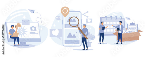 Digital marketing concept. Social media analysis, media planning, online PPC campaign, digital agency, corporate website. set flat vector modern illustration