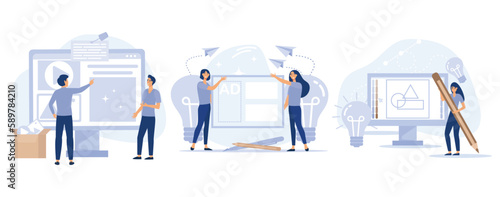 Digital marketing copywriting concept. Content creation, ad writing, logo design, blog post, social media, company website, viral content, set flat vector modern illustration