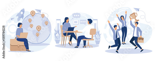 Hiring employees concept, Expat work, job interview, teamwork power, migrant workers, choosing a candidate, prepare for interview, set flat vector modern illustration 