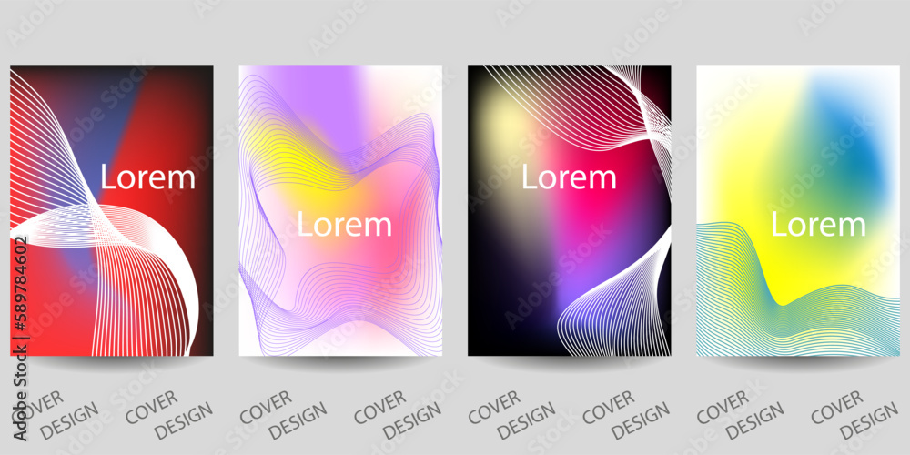 Trendy template for design cover, poster, flyer. Layout set for sales, presentations. Colorful background in vibrant gradient colors with wavy white mesh. Vector.