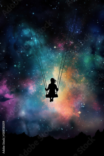 silhouette of a girl on a swing, beautiful galaxy background, Generative AI © Dianne