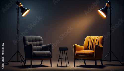 Stylish interior, two chairs, studio light, interview scene. Al