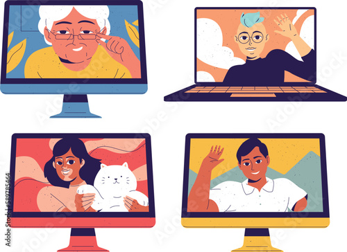 Emotions of elderly people on the computer screen. Vector illustration.