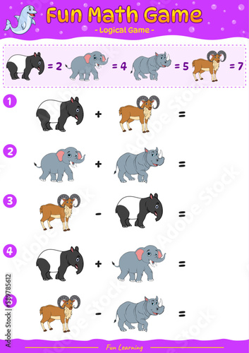 Fototapeta Naklejka Na Ścianę i Meble -  Fun Math Game logical game with cartoon Tapir, elephant, rhinoceros and urial.