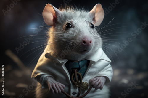 Cute and funny laboratory rat dressed as a human scientist lab doctor wearing white uniform, copy space and generative ai