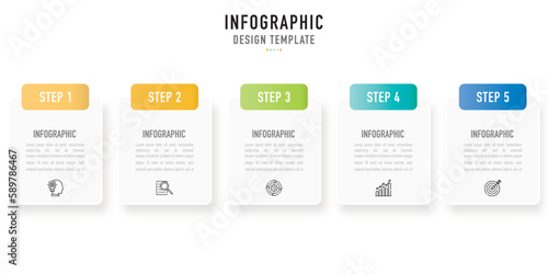 Origami rectangular infographic template, element with 5 step, process, option, colorful label, 3D tag, button, rectangle bar, icons, metallic texture, metal color for sale slide, minimal modern style