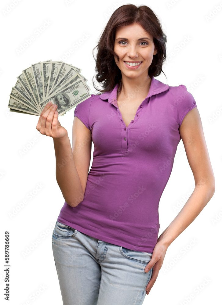 Pretty young business woman holding money isolated on white background Pretty young business woman holding money isolated on white background
