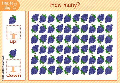 children's educational game, tasks. calculate how many items will be placed on the right and how many on the left. grape. fruits