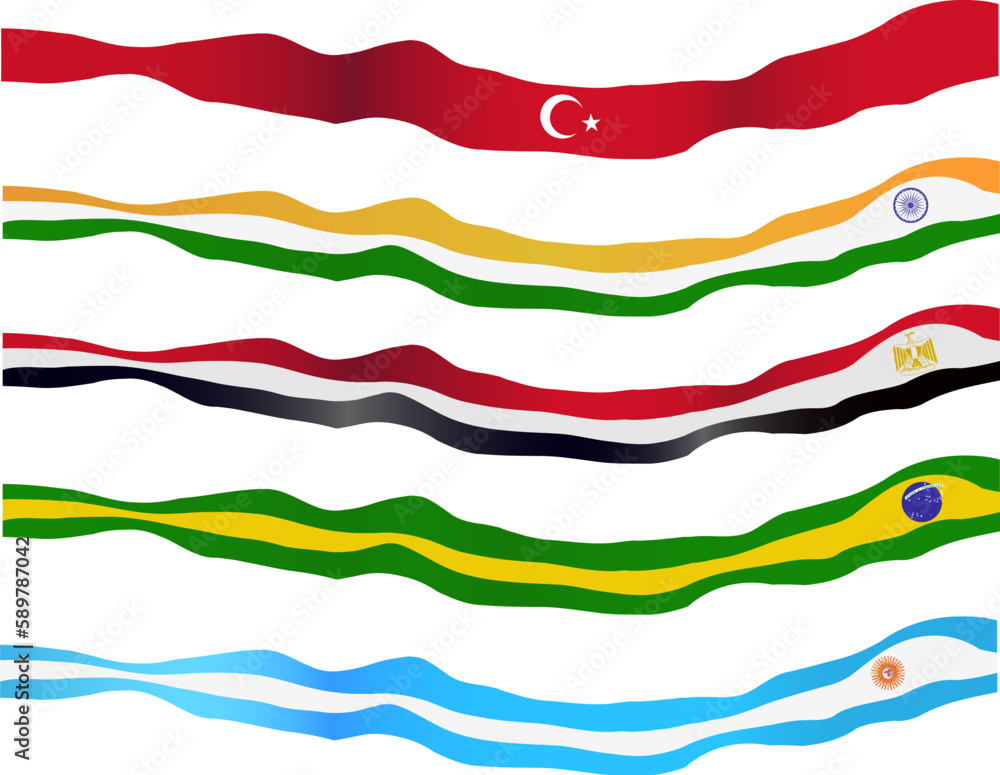Waving horizontal national flags. vector set