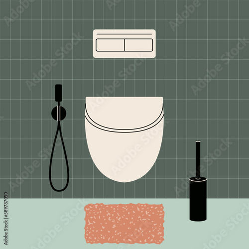 Modern bathroom interior. Contemporary toilet bowl and bath furniture accessories cartoon flat style. Vector design